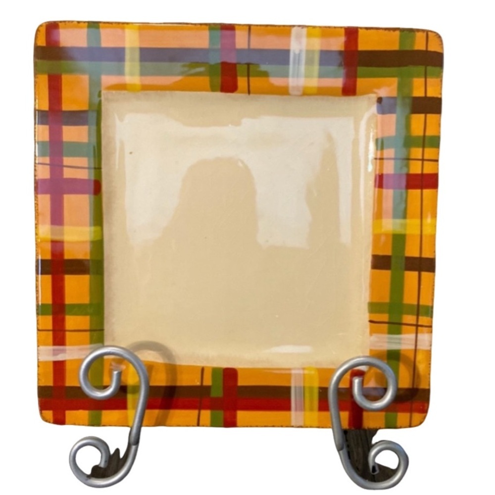 Clay Art Plaid Sunflower StoneLite serving plate. fall colors. 10.5”.